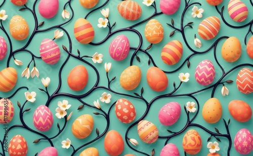 A vibrant arrangement of colorful Easter eggs nestled in a geometric pattern, forming a cheerful and festive background. photo