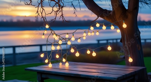 Empty Wood table top with decorative outdoor string lights hanging on trees in the revier nature at sunset time,	
 photo