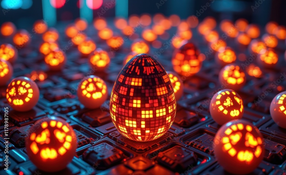 Fototapeta premium A mesmerizing array of glowing, geometric Easter eggs, illuminated with vibrant colors and intricate patterns, creating a futuristic and festive scene.