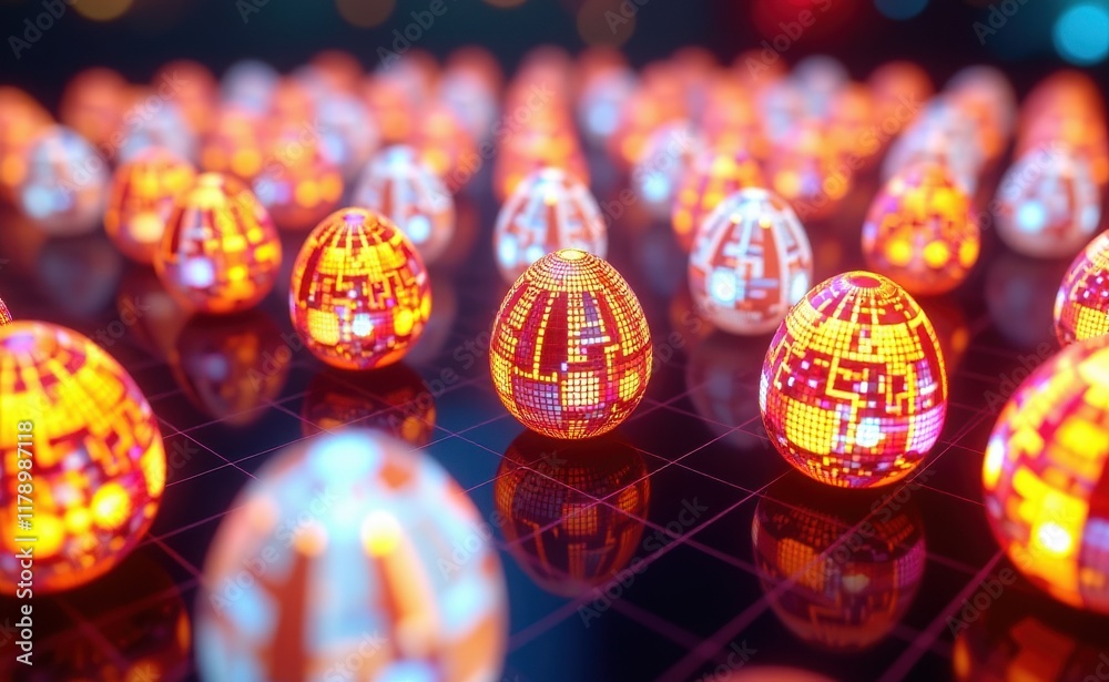 Fototapeta premium A mesmerizing array of glowing, geometric Easter eggs, illuminated with vibrant colors and intricate patterns, creating a futuristic and festive scene.
