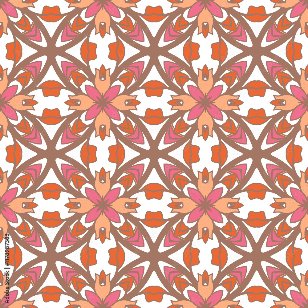 Geometric pattern in warm orange and peach tones with floral motifs Geometric pattern in warm orange and peach tones with floral motifs