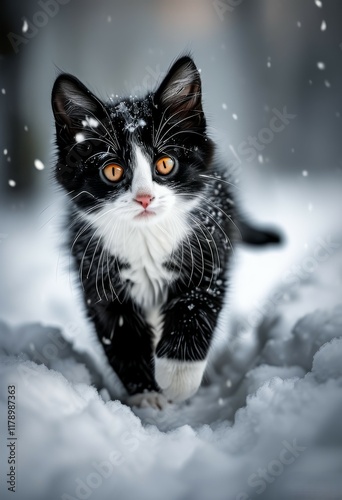 A black and white little kitten walks in front of the camera in the photo, along a snowy white path of snow