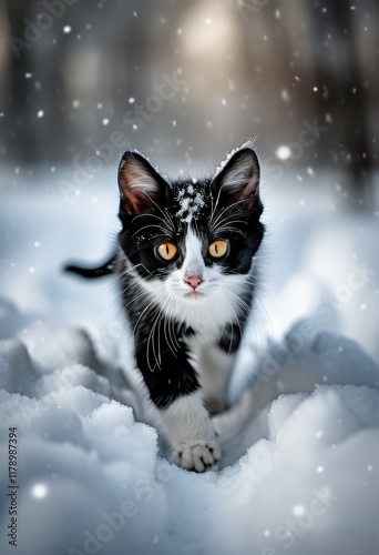 A black and white little kitten walks in front of the camera in the photo, along a snowy white path of snow