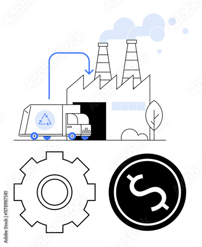 Recycling truck unloading waste into factory with smoke stacks, tree, gear, and currency icons. Ideal for sustainability, waste management, recycling, industry, economy process improvement abstract
