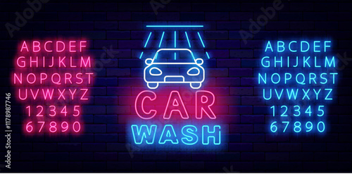 Car wash neon label with car and water shower. Auto clean service. Vector stock illustration