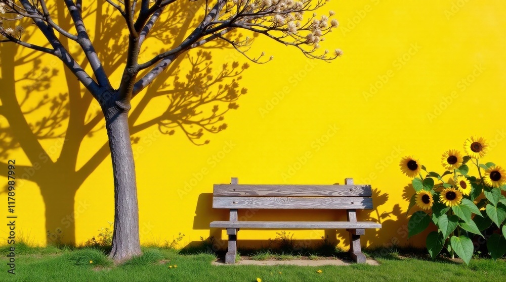 Fototapeta premium Serene park bench scene with vibrant yellow background, tree shadow and sunflowers