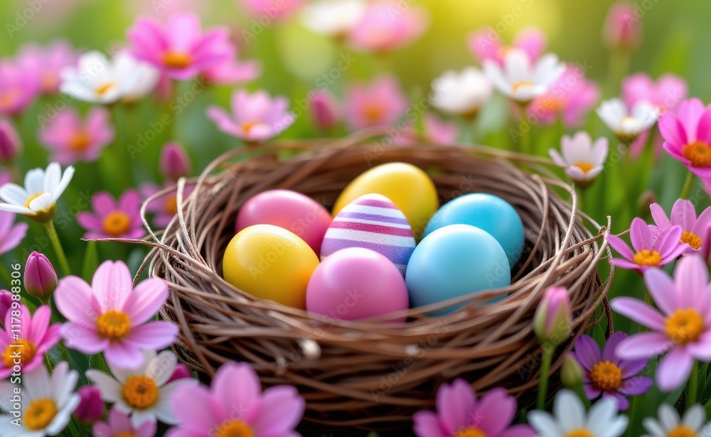 A nest filled with colorful Easter eggs nestled among a bed of blooming daisies, creating a vibrant and festive springtime scene. A nest filled with colorful Easter eggs nestled among a bed of blooming daisies, creating a vibrant and festive springtime scene.