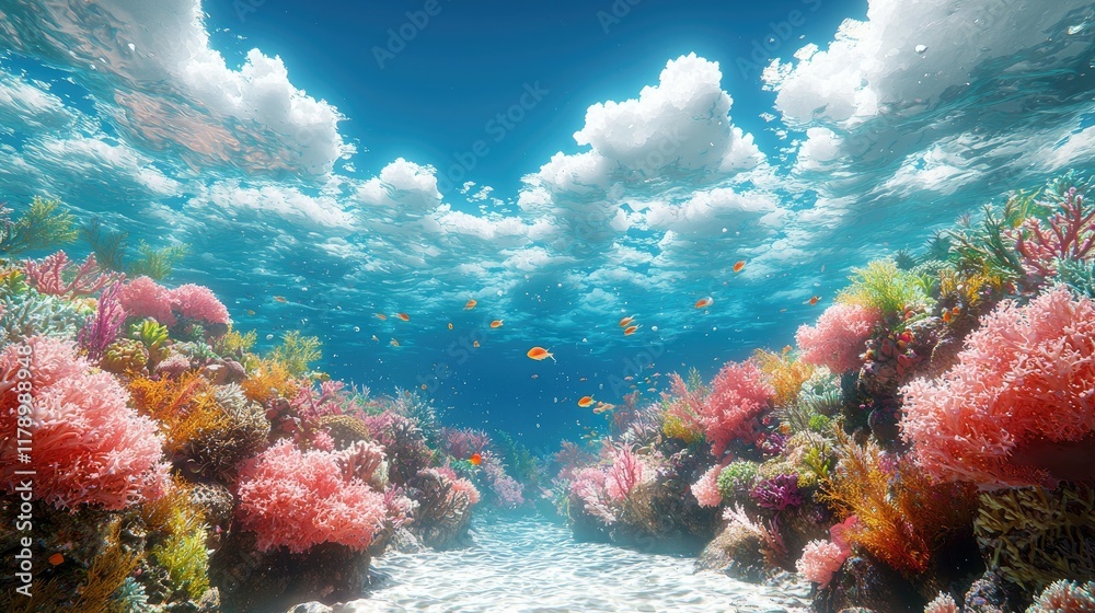 Naklejka premium Vibrant Coral Reef Underwater Paradise: An Enchanting Seascape of Colorful Marine Life and Exotic Fish. A Stunning Underwater Scene Full of Life