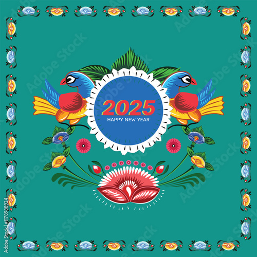 A set of floral borders with two birds holding a text box Colorful Rickshaw painting