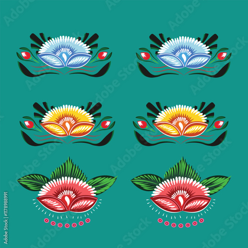 A set of colorful rickshaw painting flowers