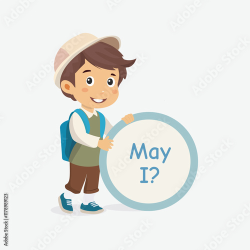Polite Boy Holding 'May I?' Sign for Manners Education