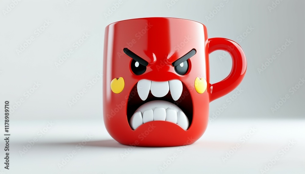 a large red, very angry emotional mug, angry and boiling, emitting fumes, on a white background a large red, very angry emotional mug, angry and boiling, emitting fumes, on a white background