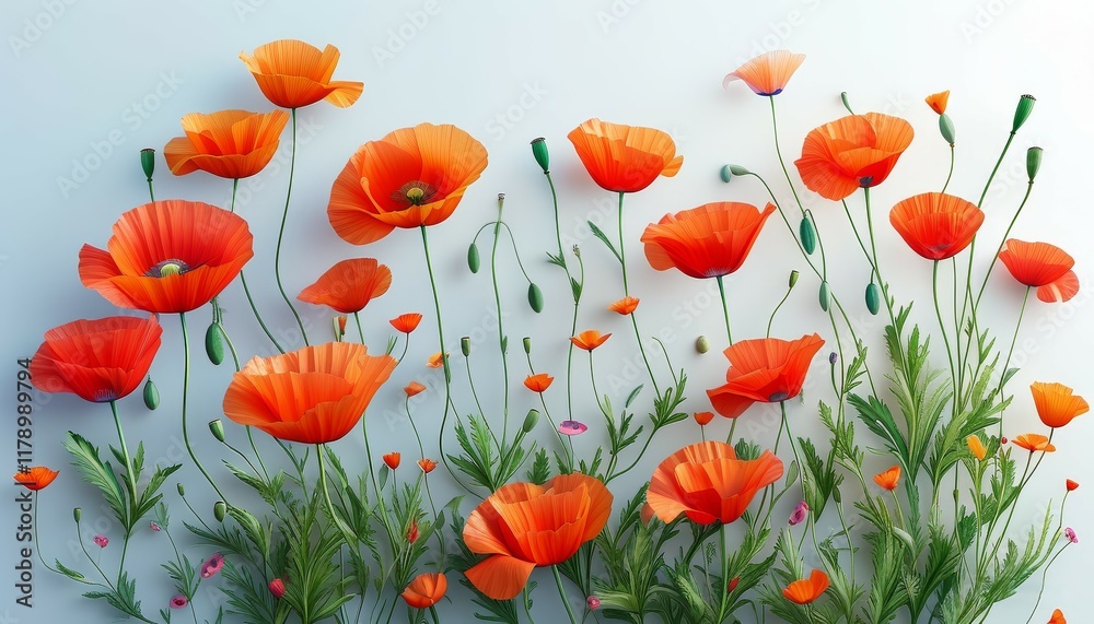 Fototapeta premium blooming delicate poppy flowers in red and orange on a white background