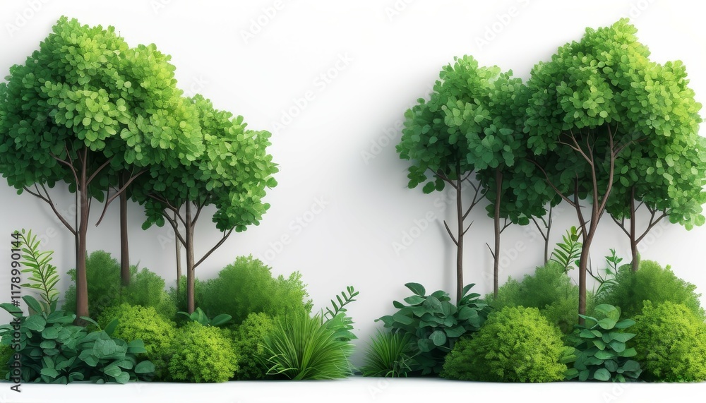 Fototapeta premium artistic decorations of green trees, installation of a painting on a white background