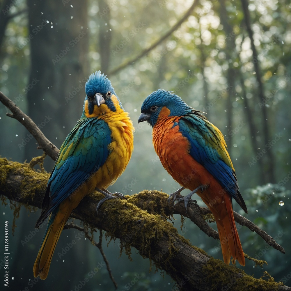 Create an 8K high-resolution image of two majestic, fantastical birds perched side by side on a branch. Each bird should have vibrant, multi-colored plumage with shades of orange, yellow, green, and b Create an 8K high-resolution image of two majestic, fantastical birds perched side by side on a branch. Each bird should have vibrant, multi-colored plumage with shades of orange, yellow, green, and b
