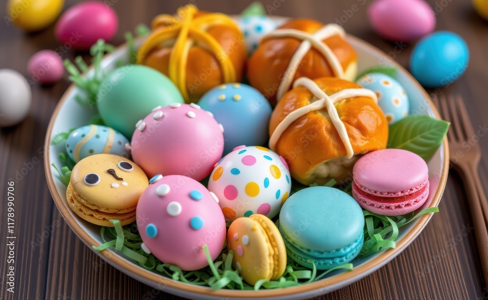 Fototapeta premium A festive Easter spread featuring colorful decorated eggs, a hot cross bun, and delicate macarons, all arranged on a bed of green shredded paper.