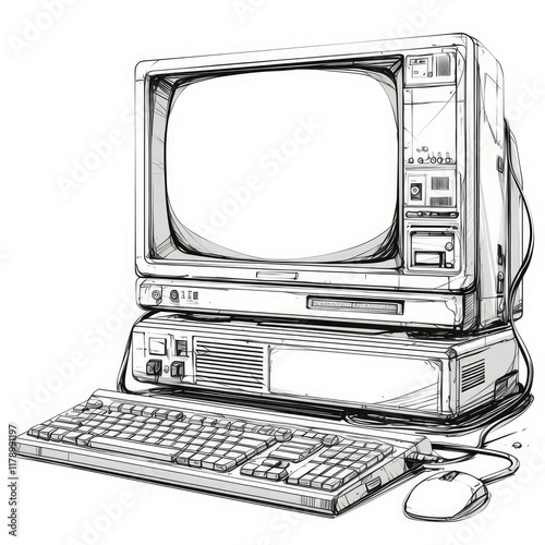 Vintage Computer Sketch: Retro Technology Illustration photo