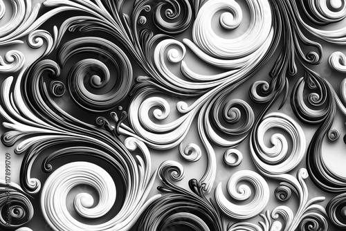 Elegant swirling patterns in black and white create a dynamic visual effect.