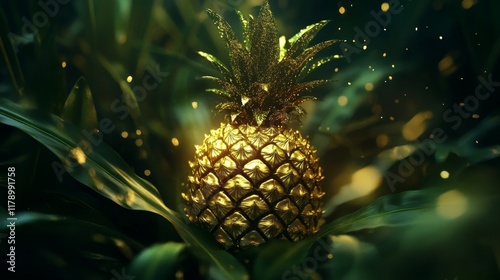 Golden Pineapple Surrounded by Lush Green Leaves with Sparkles
