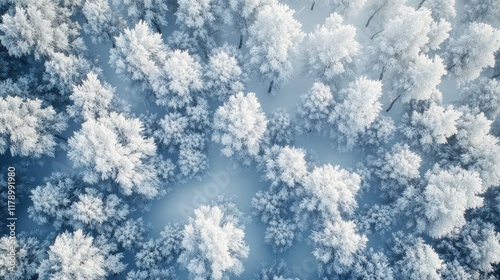 A dense forest in winter where every tree is coated in a thick layer of frost, creating a breathtakingly pristine white landscape. photo