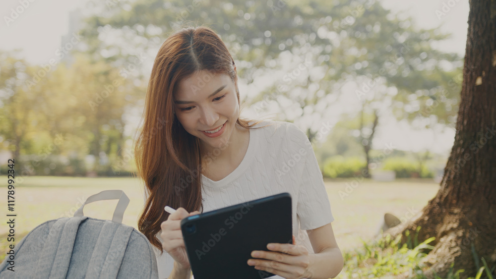 Obraz premium Attractive Freelance Woman Relaxing and Working Remotely in Nature, Happy Female Professional on a Video Call, Tech-Savvy Female Learning Online. Young Woman Reading and Communicating a Tablet