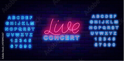 Live concert neon badge with lettering. Music talent performance. Vector stock illustration