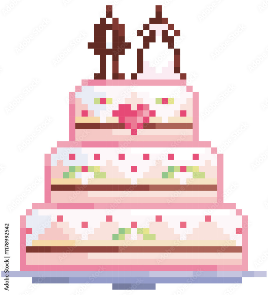 Illustration d'un gâteau de mariage gourmand sur plusieurs étages, de couleur rose avec un cœur,  avec les figurines des mariés homme et femme, style de dessin pixel art original pour carte faire-part