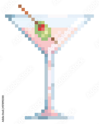 Illustration en pixel art d'un verre à cocktail, boisson alcoolisée avec une olive verte, vecteur pour carte des apéritifs dans un bar ou restaurant, dessin mosaïque composé de carrés