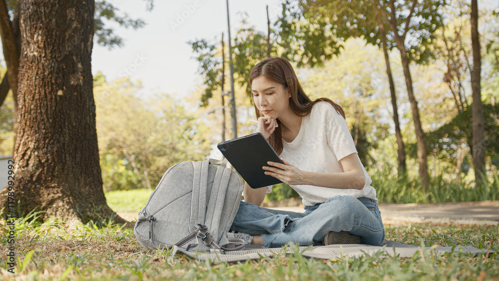 Fototapeta premium Asian Woman Working outdoors in the park. Professional on a Video Call, exploring Hybrid Work Opportunities in a Peaceful, Virtual Meeting and Online Learning. Hybrid work lifestyle concept by tablet