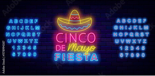 Cinco de Mayo fiesta neon signboard. Mexican traditional holiday in May. Vector stock illustration