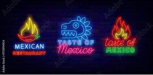 Mexican restaurant neon signboard. Taste of Mexico. Hot pepper. Mayo dragon. Vector stock illustration