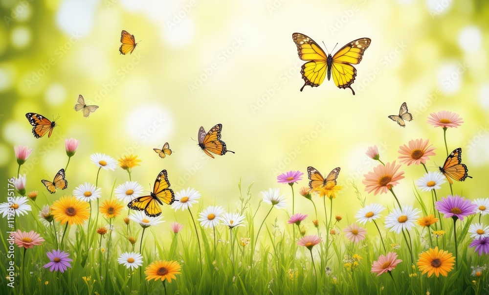 Colorful butterflies among blooming flowers
