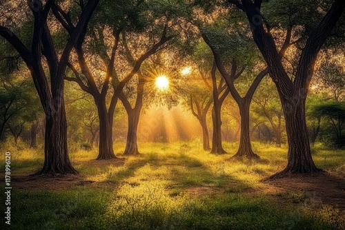 Wallpaper Mural Sunrise beams through forest trees, hazy meadow, peaceful morning scene Torontodigital.ca