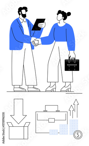 Business partners shaking hands, holding documents and briefcase. Arrow pointing into box, briefcase, arrows showing growth, stacks of coins. Ideal for business, finance, agreement partnership