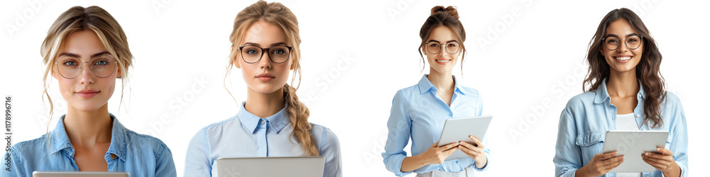 © Zaleman - A woman with spectacles, who is smart, stands with a gray laptop in her hands. © Zaleman - A woman with spectacles, who is smart, stands with a gray laptop in her hands.