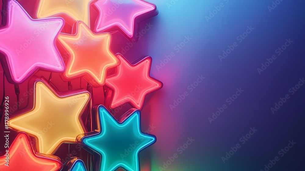Obraz premium Colorful Neon Stars Glowing Brightly Against a Gradient Background