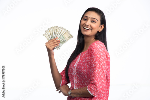 Indian Young Wife Posing With Indian Currency Notes