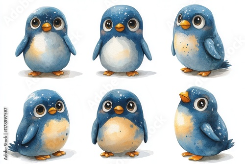 A collection of cute, cartoon-style blue birds with varying expressions and poses.
