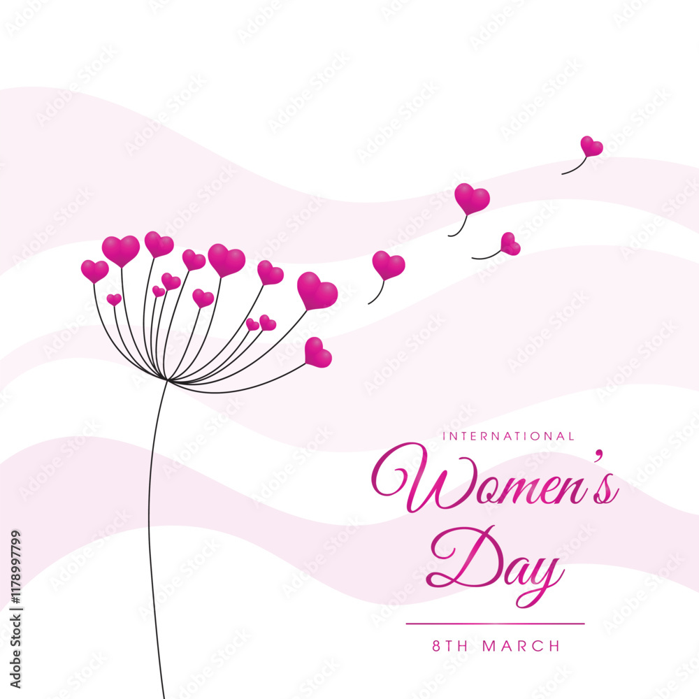March 8 greeting card. Background template for International Women's Day. Vector illustration. Dandelion flowers on pink background. Happy Woman's Day greeting. vector background.