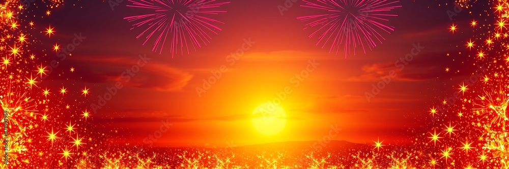 Fireworks display over a vibrant sunset, perfect for celebrations. Fireworks display over a vibrant sunset, perfect for celebrations.