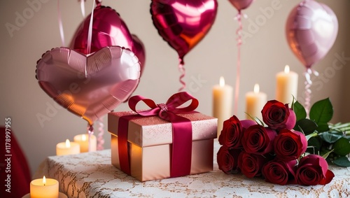 Red rose and gift box. Romantic Gift with Roses, Heart Balloons, and Candles on a Festive Table. Valentine's Day or Wedding Banner. Greeting card, Valentine's Day or Wedding Invitation.