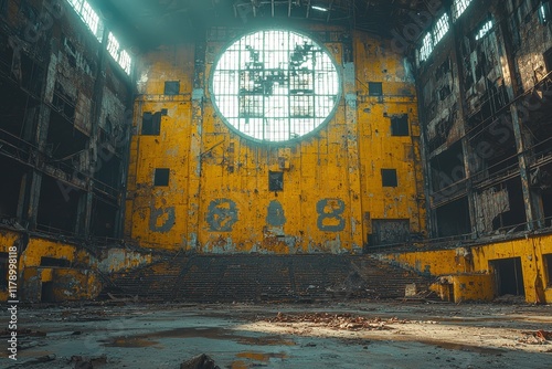 Abandoned large stadium interior slung derelict forsaken outcast photo