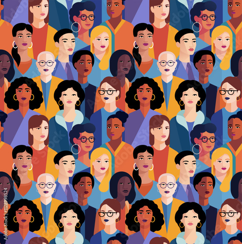 Bold colorful illustration of diverse group or crowd of women from different backgrounds and cultures. Celebrates inclusion, equality, and unity. Seamlessly tiling background pattern.