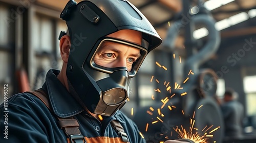  A construction worker with protective goggles and mask operating heavy machinery in an industrial setting. photo