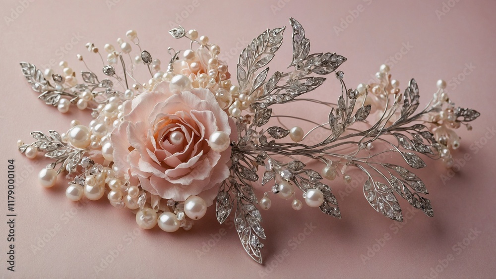 Fototapeta premium Elegant rose and pearl hair accessory arrangement on a soft pink background for bridal and fashion concepts