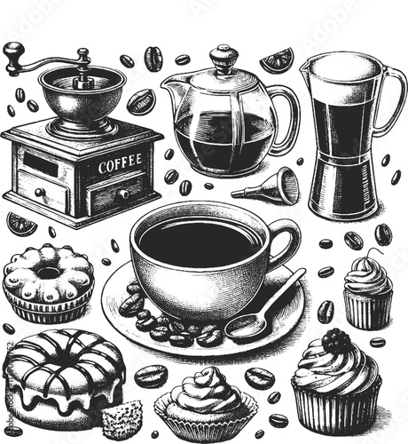 set of black and white graphic image of a set of attributes for a coffee shop