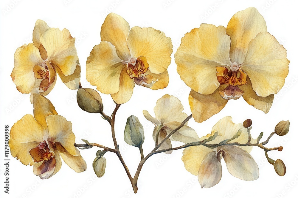 Naklejka premium A watercolor illustration of delicate yellow orchids with buds.