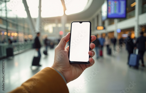 Close up of a person’s hand holding a smartphone in a modern train station