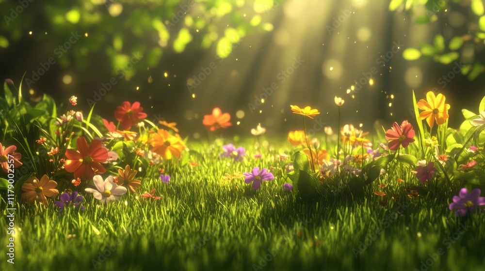 A breathtaking spring meadow scene with fresh green grass and colorful flowers illuminated by sunlight A breathtaking spring meadow scene with fresh green grass and colorful flowers illuminated by sunlight