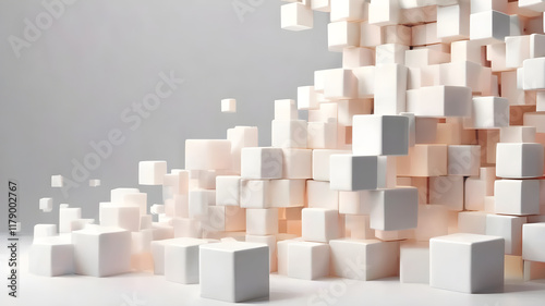Chaotic cubes with copy space. White abstract geometric background. 3d rendering cubic minimal composition for corporate design template.